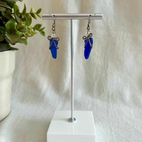 Handmade Blue Sea Glass Earrings - Picture 1 of 3